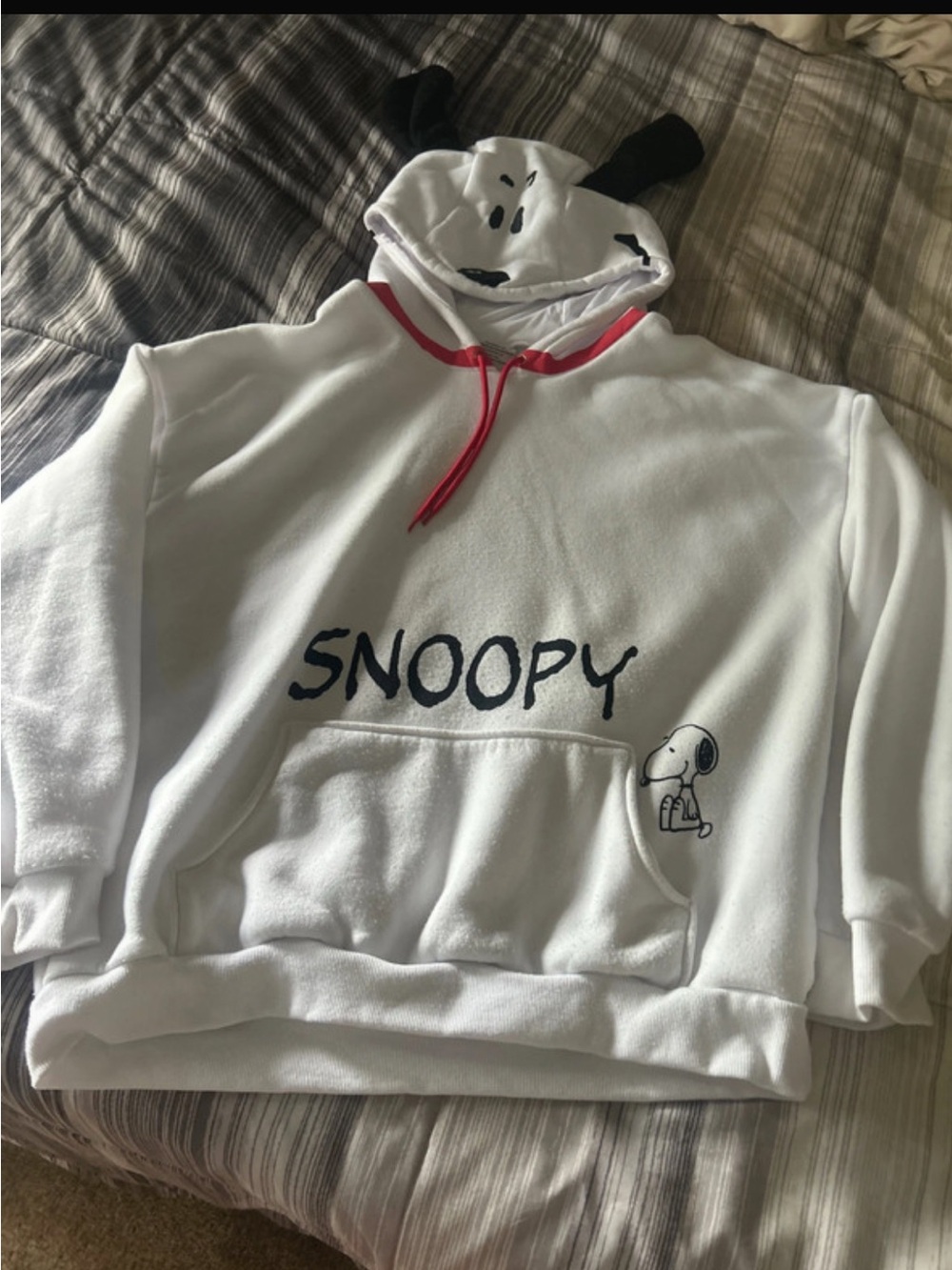 White Snoopy Graphic Crewneck Sweater with Black Ears Detail
